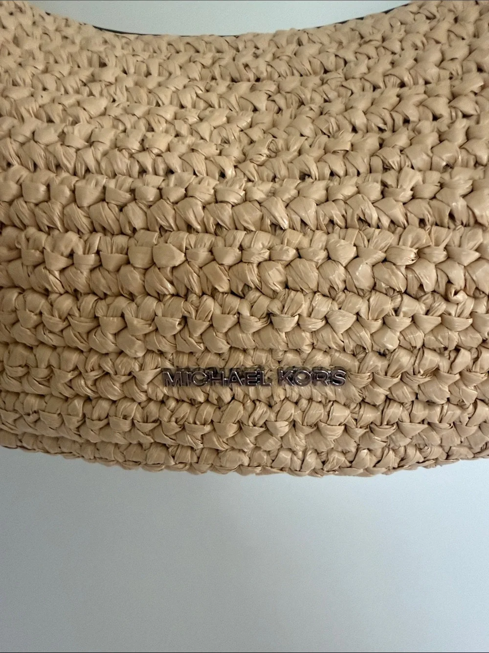 Michael Kors Straw Crescent Shoulder Bag with White Trim